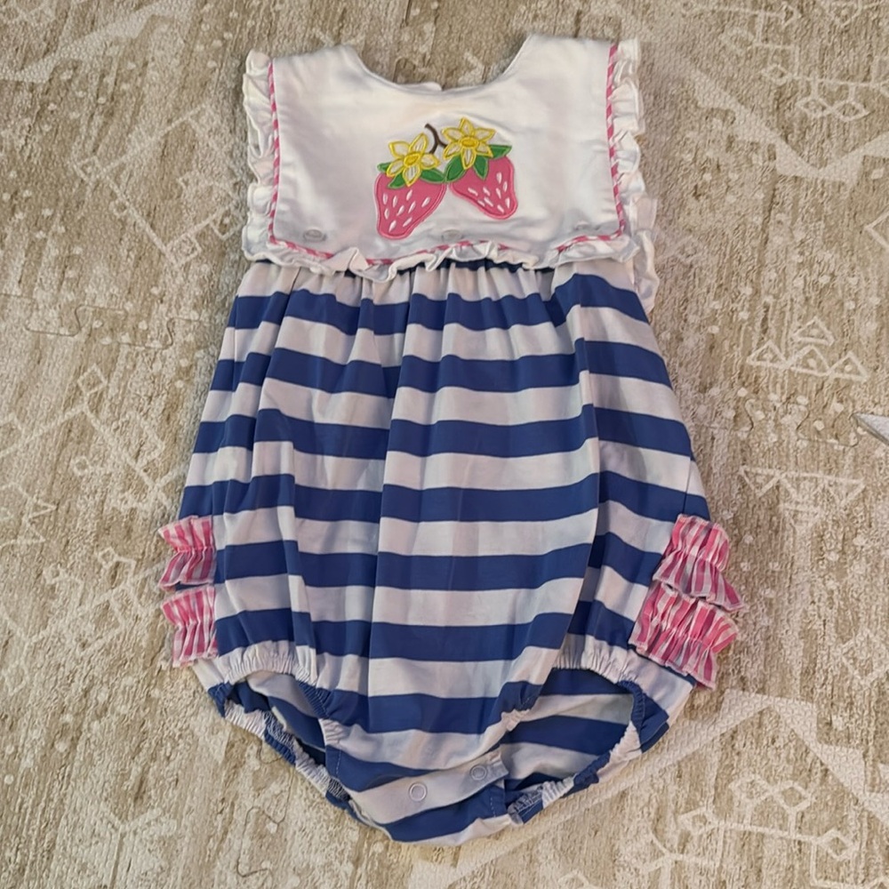 The cutest Strawberry Embroidered Bubble with ruffles on the back
